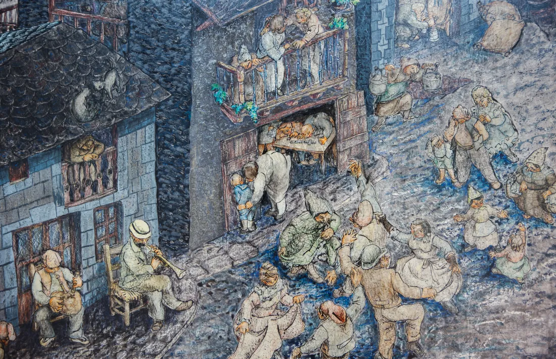 Detall de Microcosmos d'Andorra. Atenció al detallisme, que recorda a Brueghel.