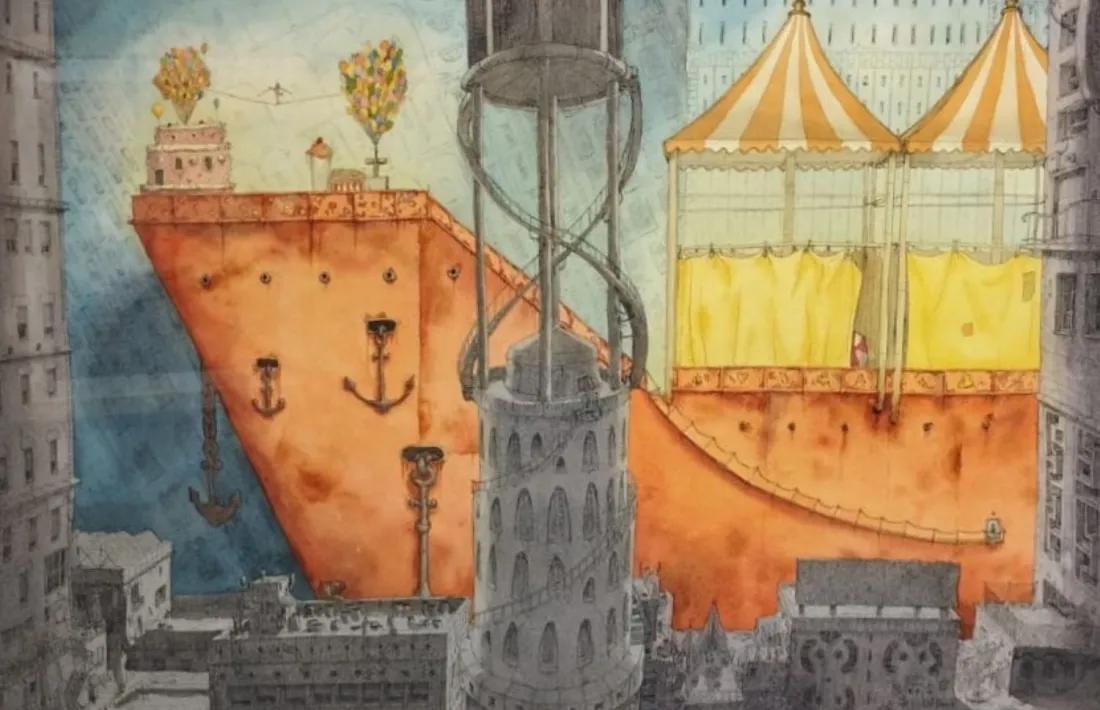 'Circ naval urbà de mercaderies impossibles' (tinta i aquarel·la sobre paper, 2022).