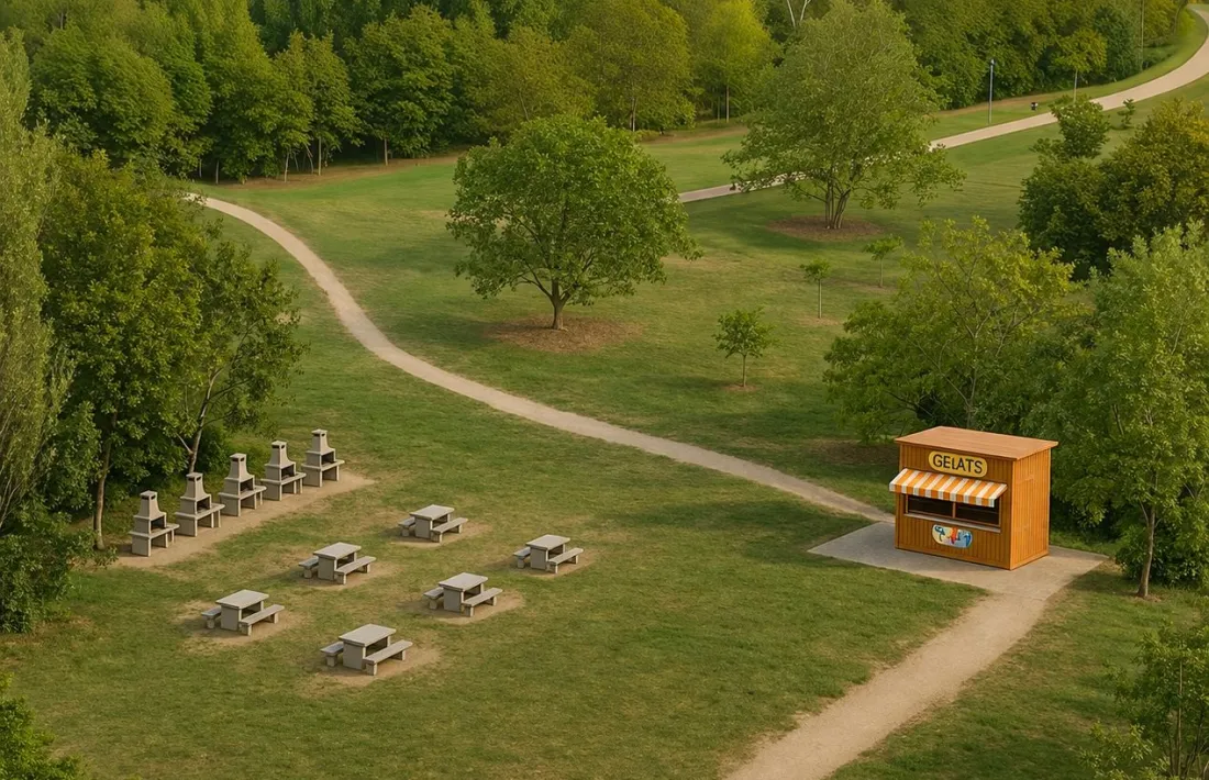   Projecció de com quedaria l'àrea un cop construïdes les barbacoes, taules i quiosc. 