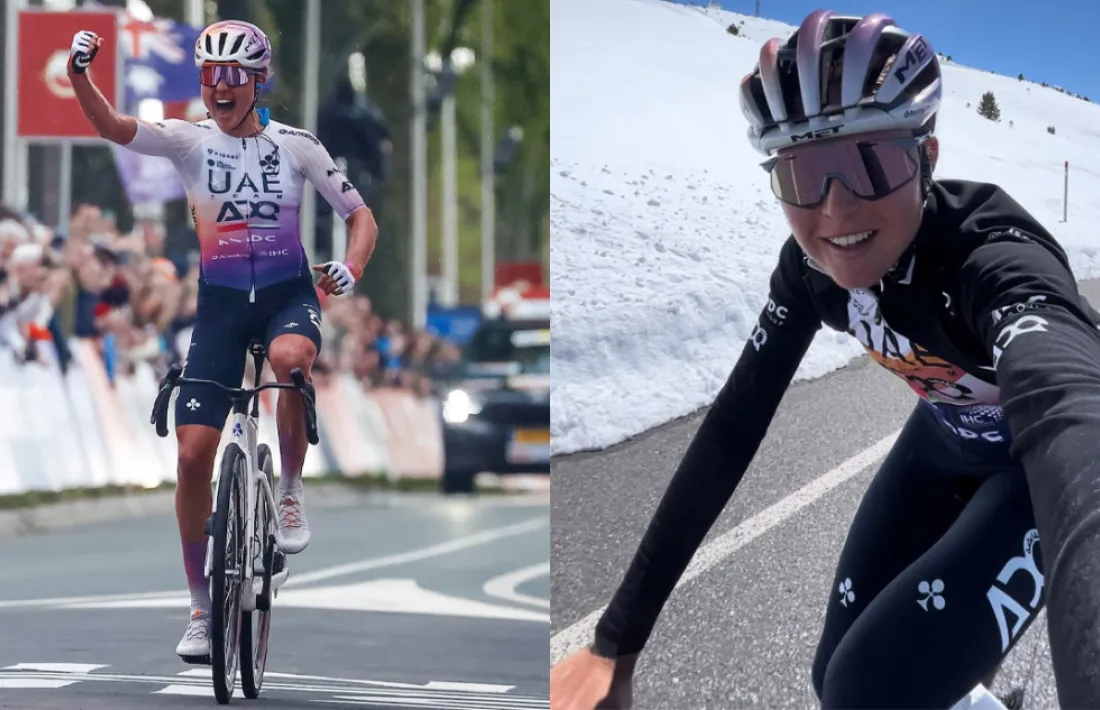Paula Blasi, que no tenia previst participar en  l'Amstel Gold Race, celebra el triomf. La ciclista de l'UAE Team ADQ, en un dels entrenaments al Port d'Envalira.