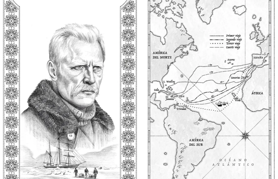Retrat de Fridtjof Nansen i el mapa dels quatre viatges americans de Colom.