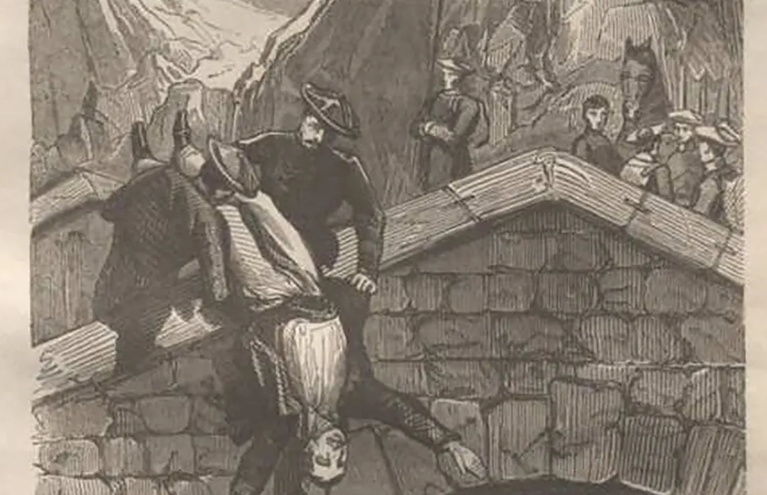 "Le ataron una piedra al cuello y lo arrojaron al río", diu el peu d'aquesta il·lustració per a la novel·la 'El conde de España o la inquisición militar', de Francisco José Orellana (1856).