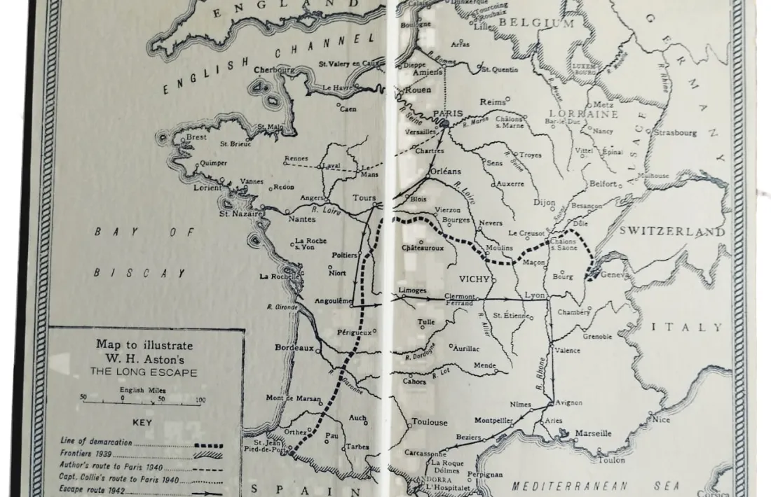 El mapa amb l'itinerari de l'evasió, que comença el juny del 1940 a Rennes i conclou l'octubre del 1942 a Gibraltar.